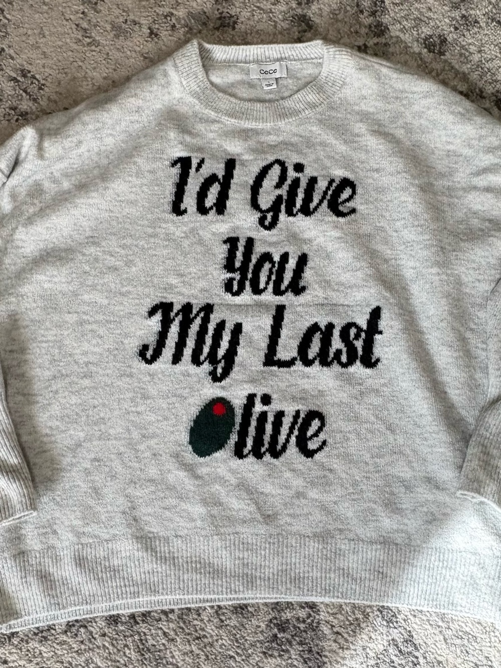 CeCe Light Gray Sweater with Black Script and Green Olive Accent
